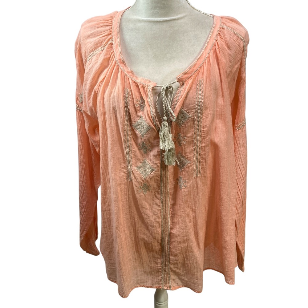 Loft L Peach Embroidered Tassel Tie Neck Long Sleeve Boho Blouse Top Women's